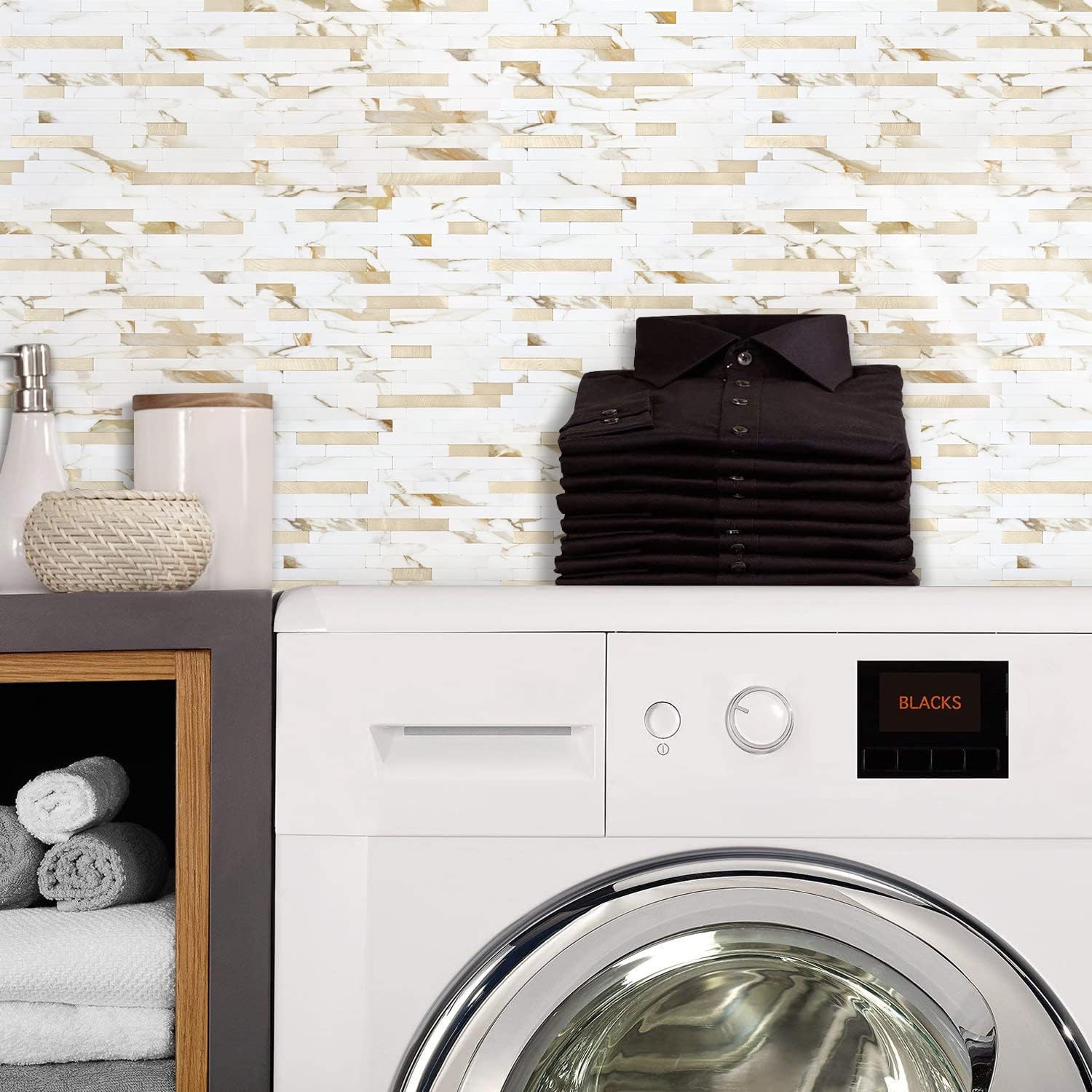 5 Sheets Peel and Stick Backsplash Tile for Kitchen/Bathroom/Laundry Room/Fireplace/RV, Marble Calacata with Metal Gold