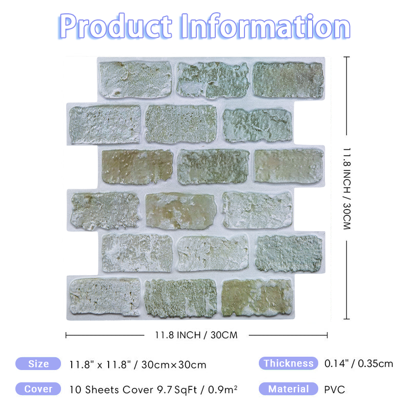 3D Green Brick Peel and Stick Wall Tile