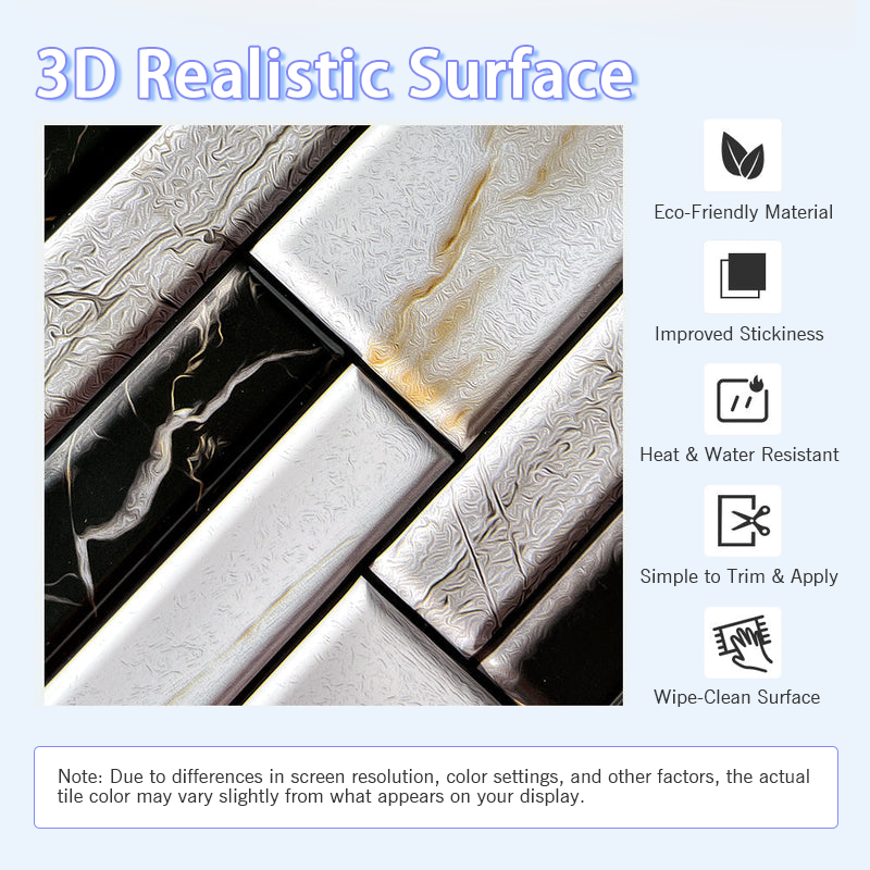 3D Black and White Marble Peel and Stick Wall Tile