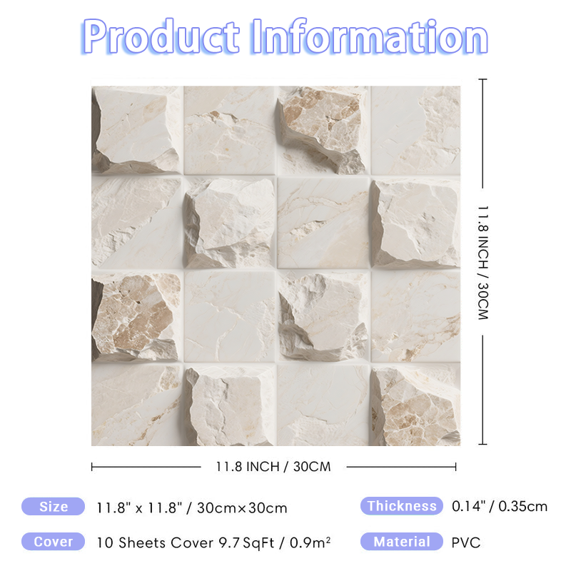 3D White and Light Brown Square Quartz Peel and Stick Wall Tile