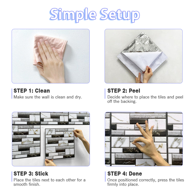 3D Black and White Marble Peel and Stick Wall Tile