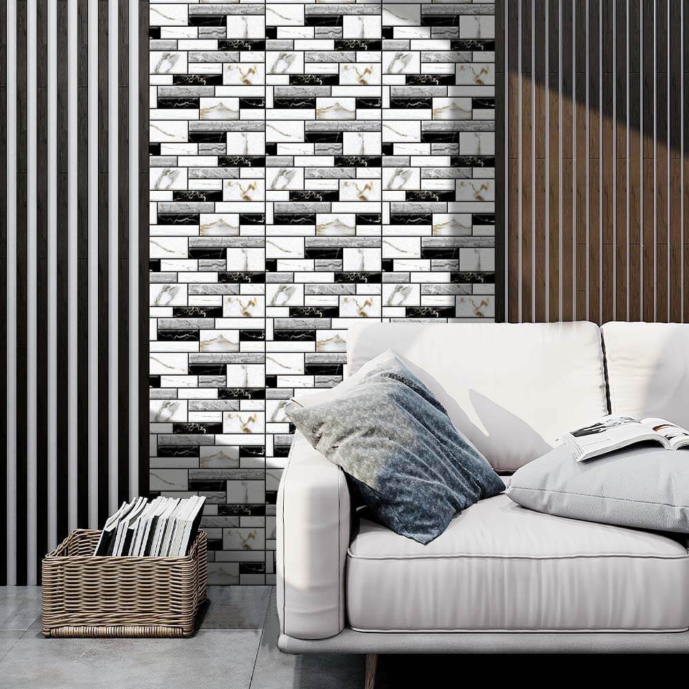 3D Black and White Marble Peel and Stick Wall Tile