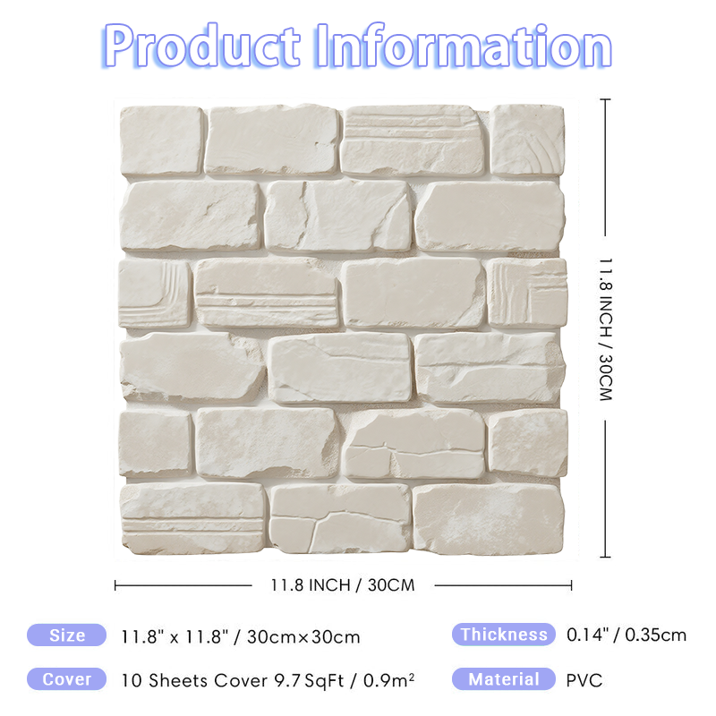 3D White Textured Stone Peel and Stick Wall Tile