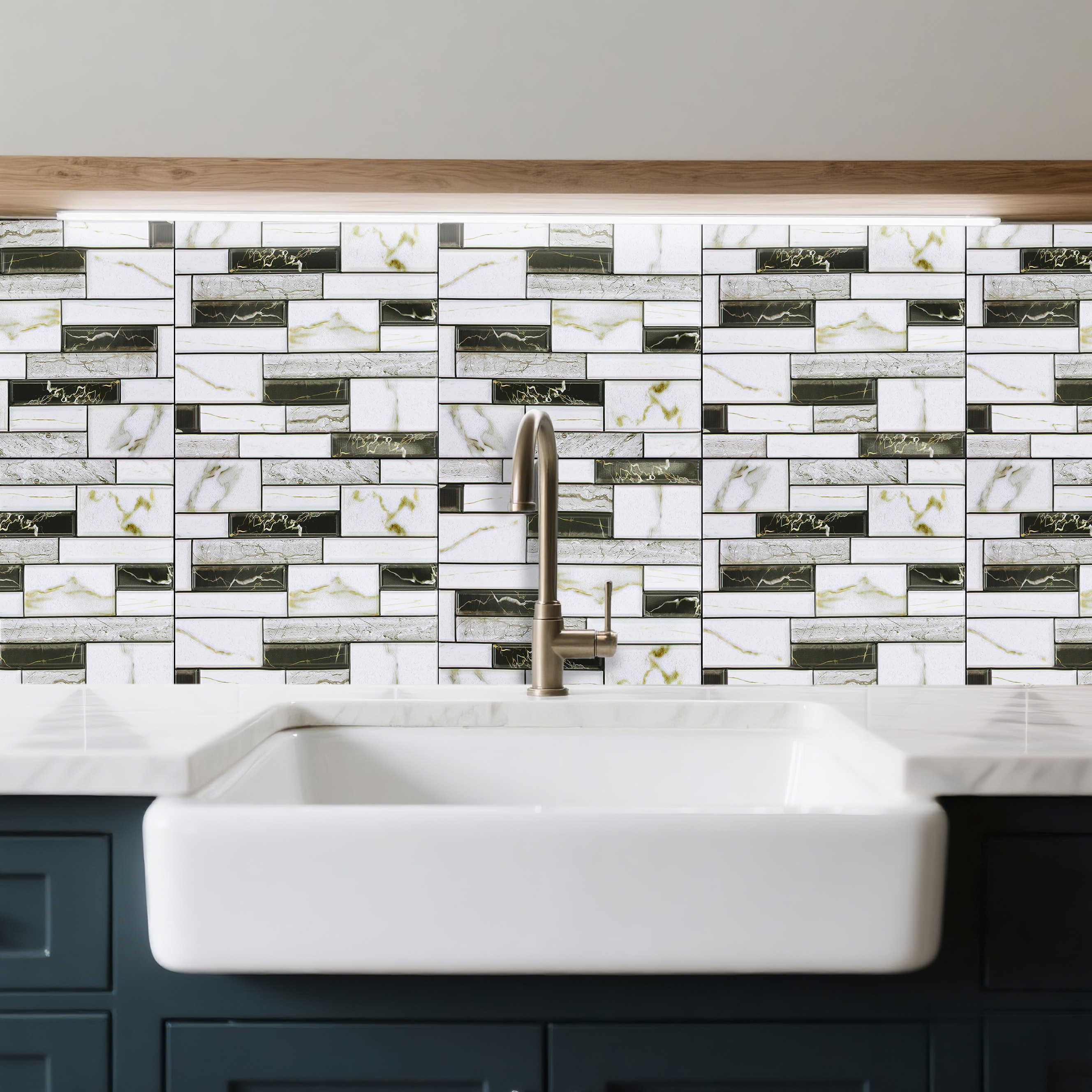 3D Black and White Marble Peel and Stick Wall Tile