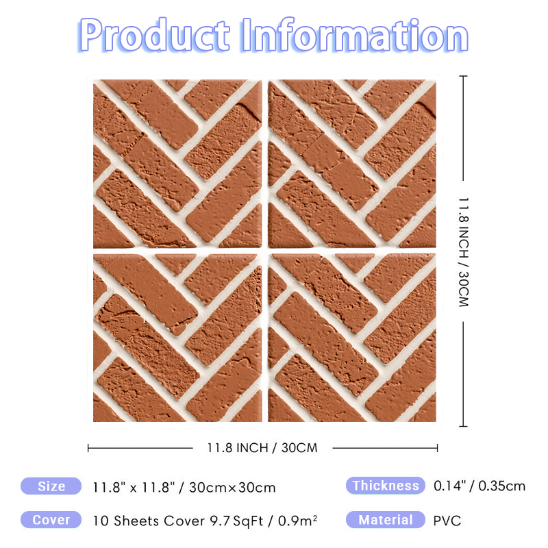 3D Red Diagonal Brick Grid Texture Peel and Stick Wall Tile