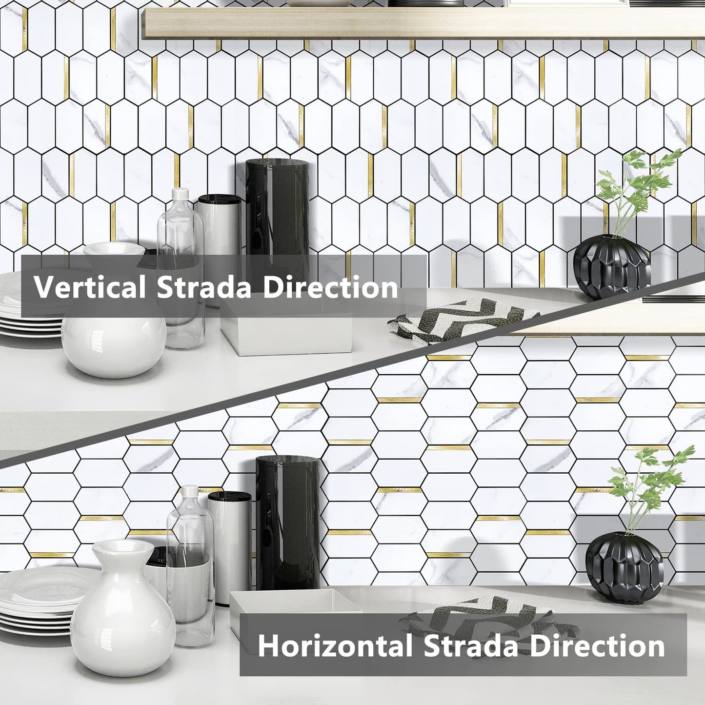 Long Hexagon PVC Mixed Metal Mosaic Tiles - Statuary Marble Look with Gold Metal