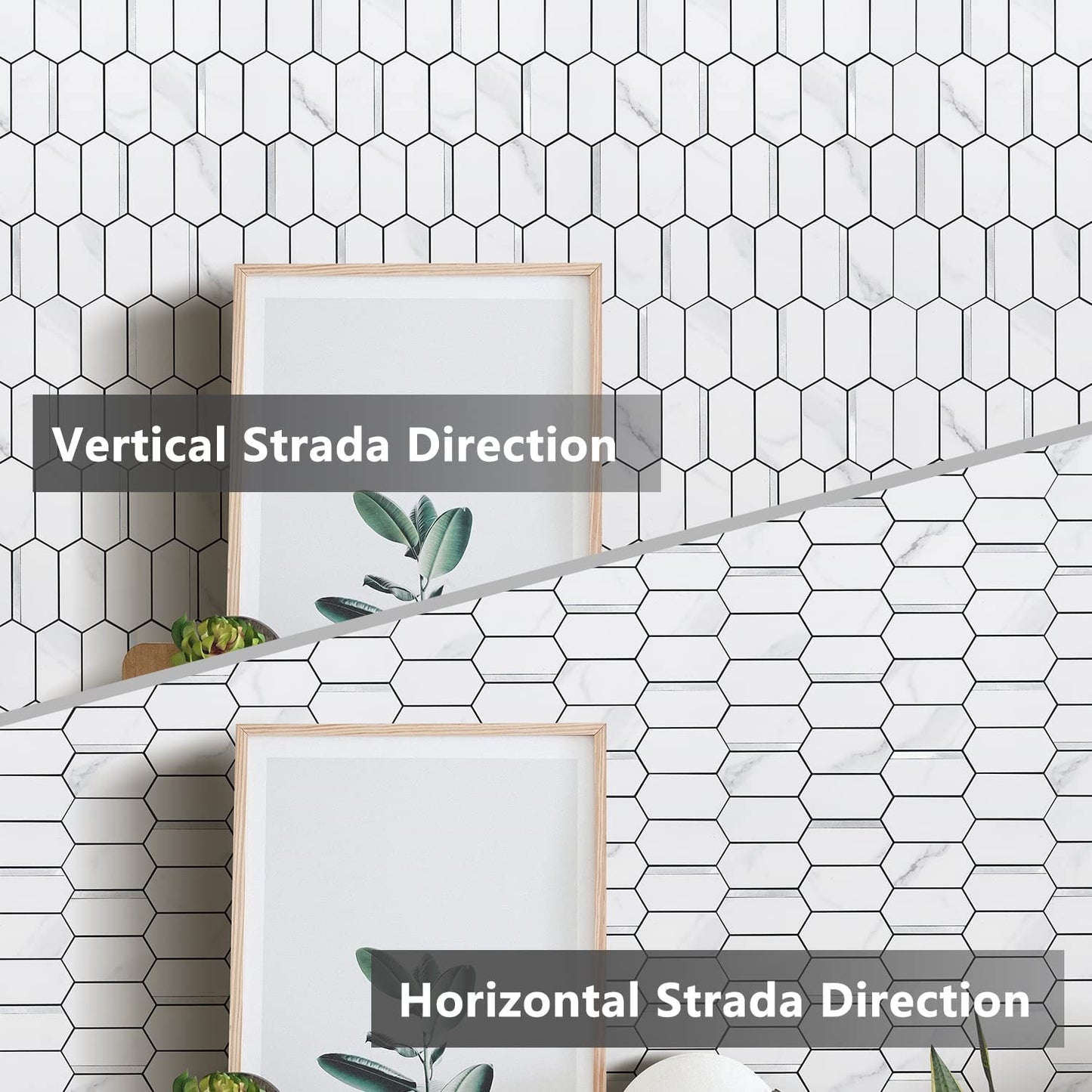 Long Hexagon PVC Mixed Metal Mosaic Tiles - Statuary Marble Look