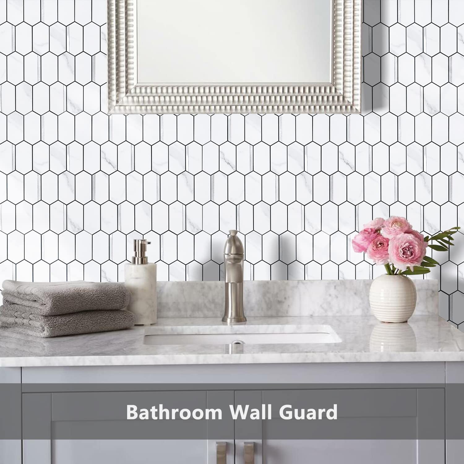 Long Hexagon PVC Mixed Metal Mosaic Tiles - Statuary Marble Look with Silver White Metal