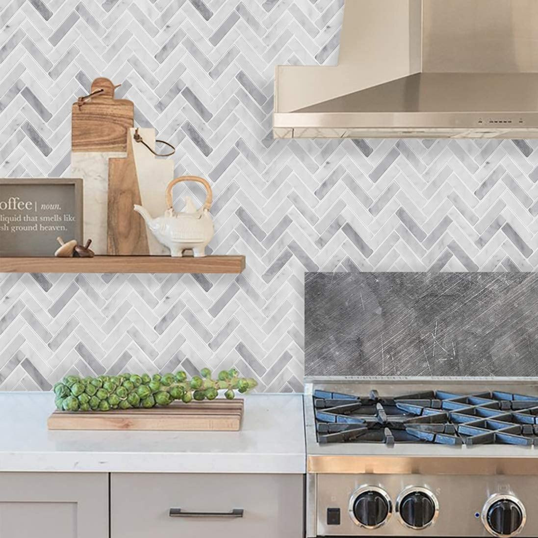 Carrara Marble Look Herringbone Tile - Marble Gray