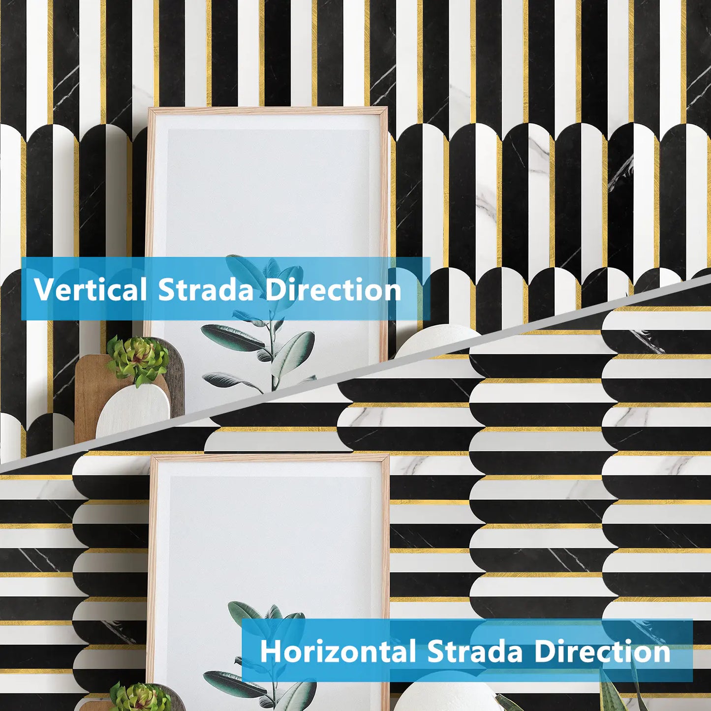 Oval PVC Mixed Metal Mosaic Tile - Black & White Marble With Gold