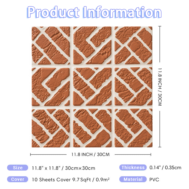 3D Red Modular Brick-Inlay Relief Peel and Stick Wall Tile