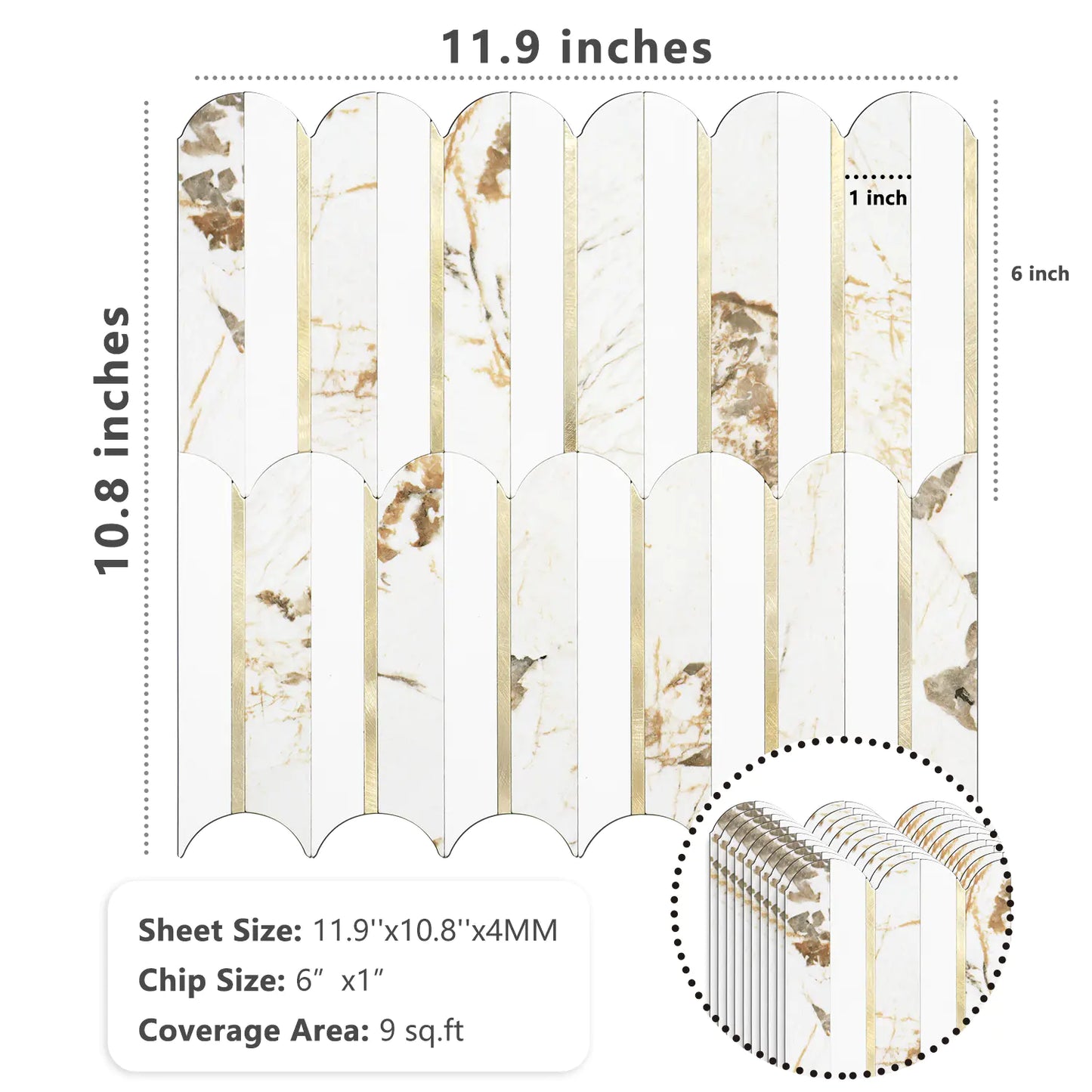 Oval PVC Mixed Metal Mosaic Tile - Marble Gold & White With Gold