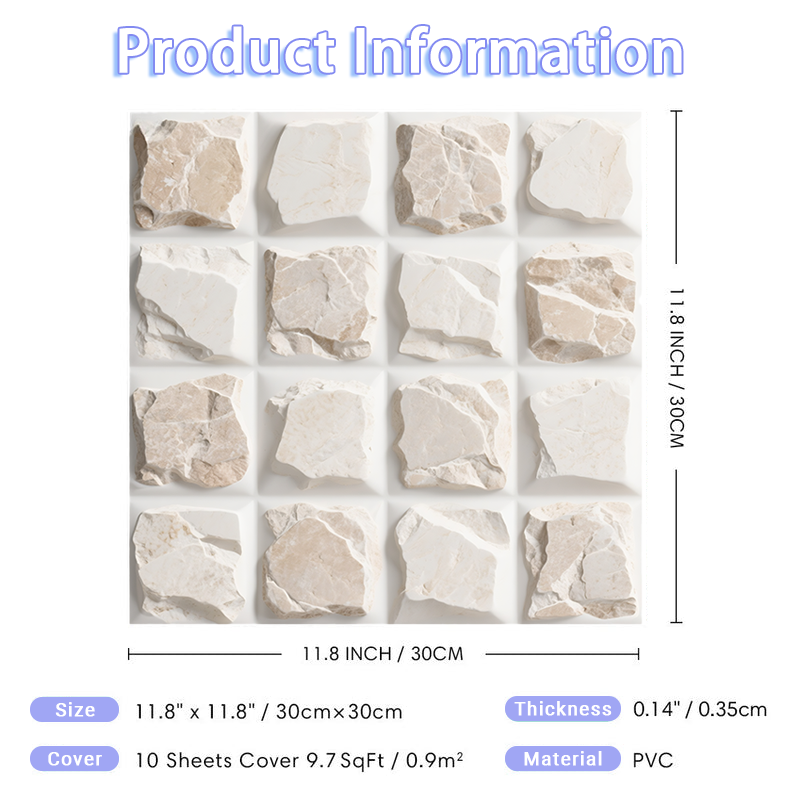 3D White and Brown Square Quartz Peel and Stick Wall Tile