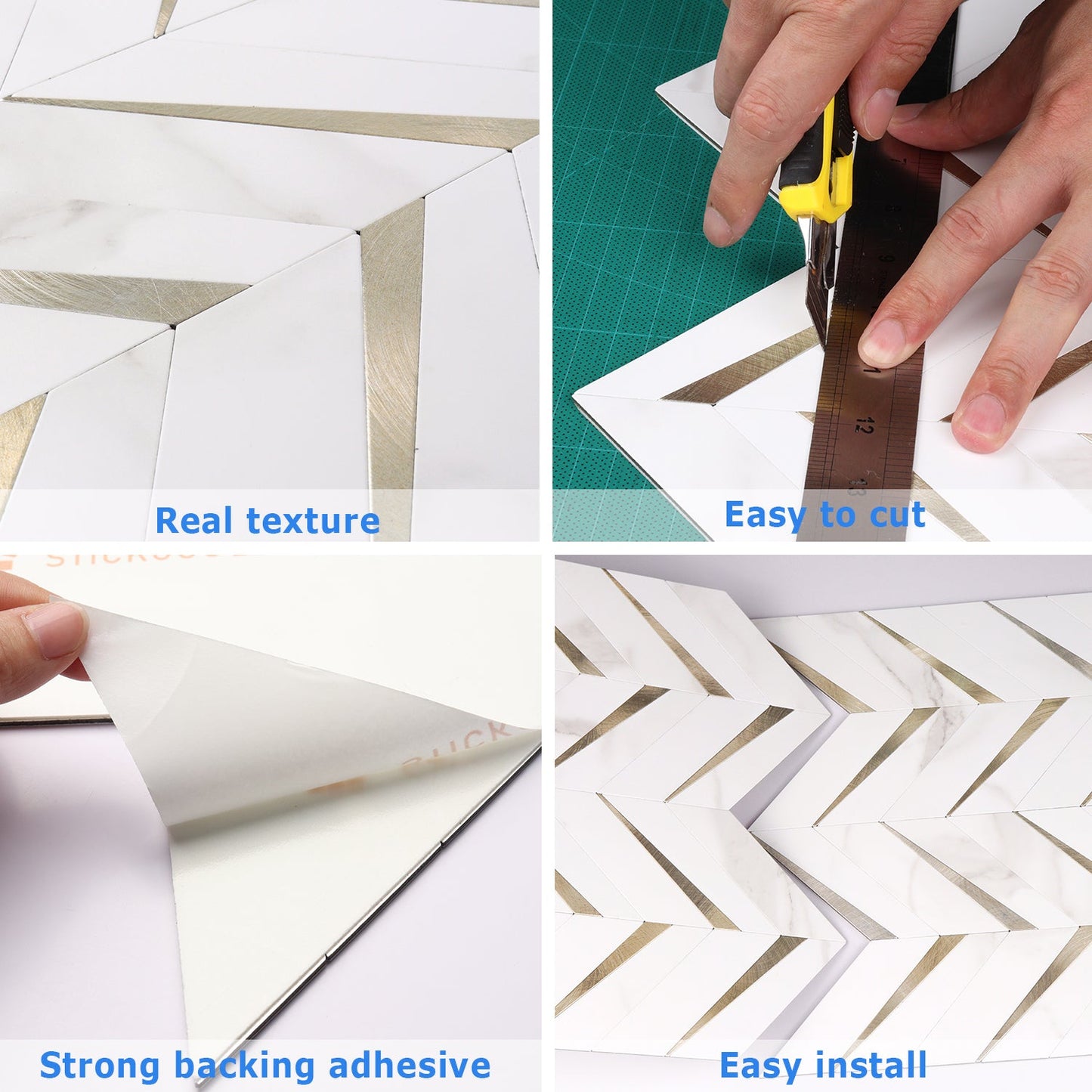 Herringbone Wall Tiles - White Marble Mixed Gold