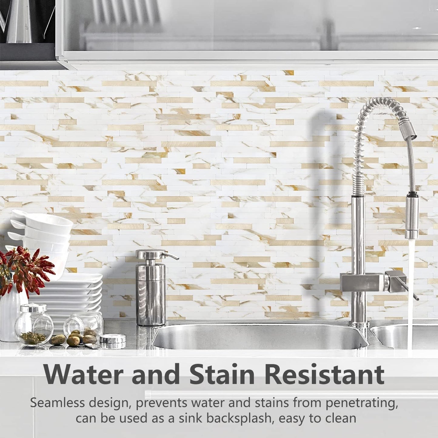 STICKGOO 10 Sheets Peel and Stick Backsplash Tile for Kitchen/Bathroom/Laundry Room/Fireplace/RV, Marble Calacata with Metal Gold