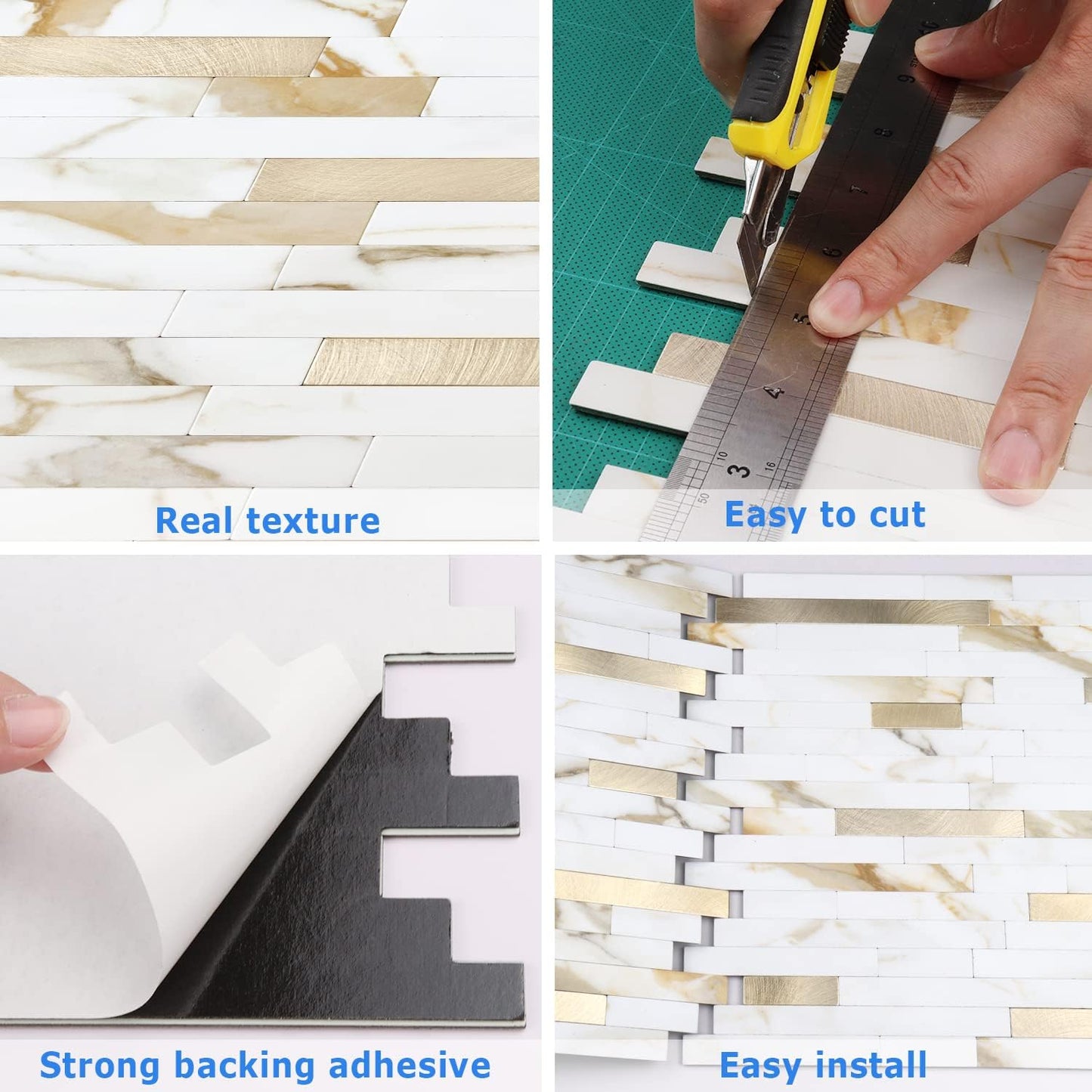 STICKGOO 10 Sheets Peel and Stick Backsplash Tile for Kitchen/Bathroom/Laundry Room/Fireplace/RV, Marble Calacata with Metal Gold