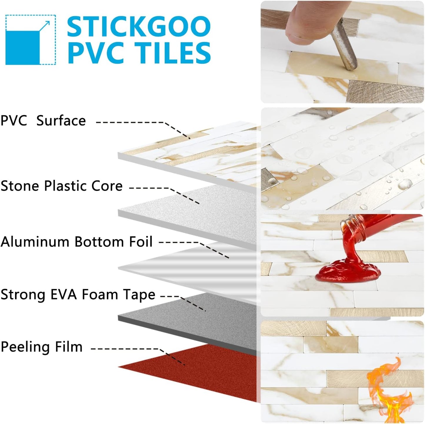 STICKGOO 10 Sheets Peel and Stick Backsplash Tile for Kitchen/Bathroom/Laundry Room/Fireplace/RV, Marble Calacata with Metal Gold