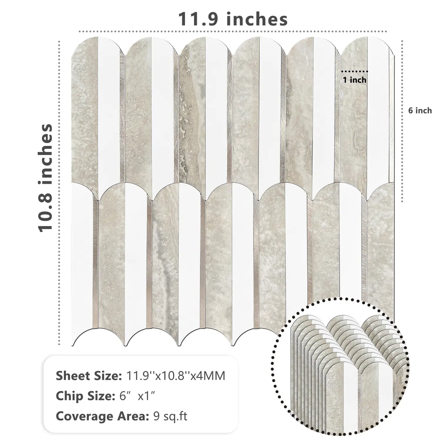 Oval PVC Mixed Metal Mosaic Tile - Beige Slate & White With Gold