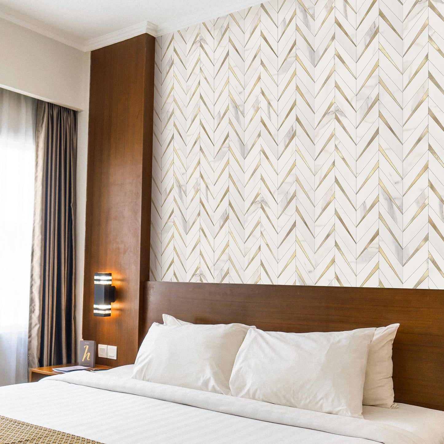 Herringbone Wall Tiles - White Marble Mixed Gold