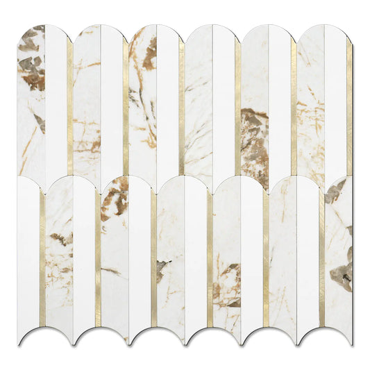 Oval PVC Mixed Metal Mosaic Tile - Marble Gold & White With Gold