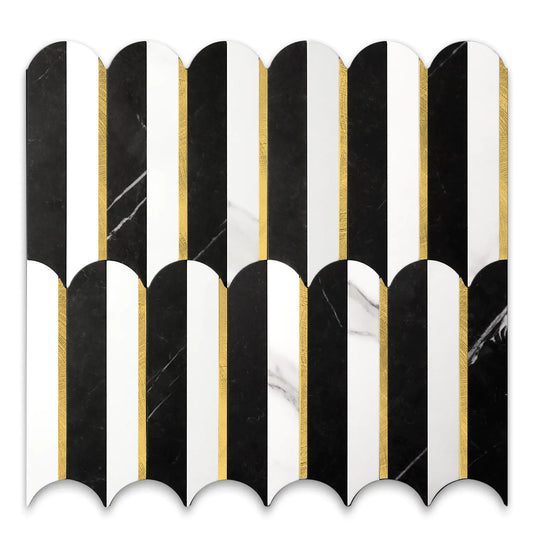 Oval PVC Mixed Metal Mosaic Tile - Black & White Marble With Gold