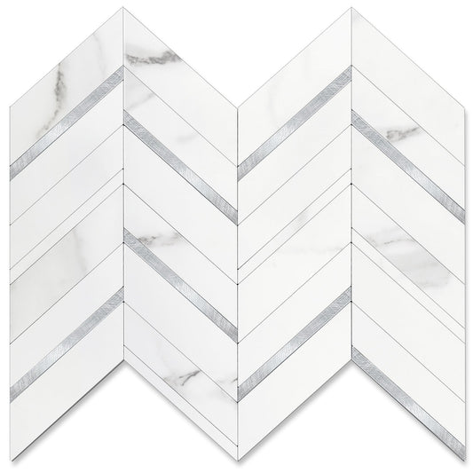 Herringbone Wall Tiles - White Marble Mixed Silver
