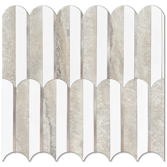 Oval PVC Mixed Metal Mosaic Tile - Beige Slate & White With Gold