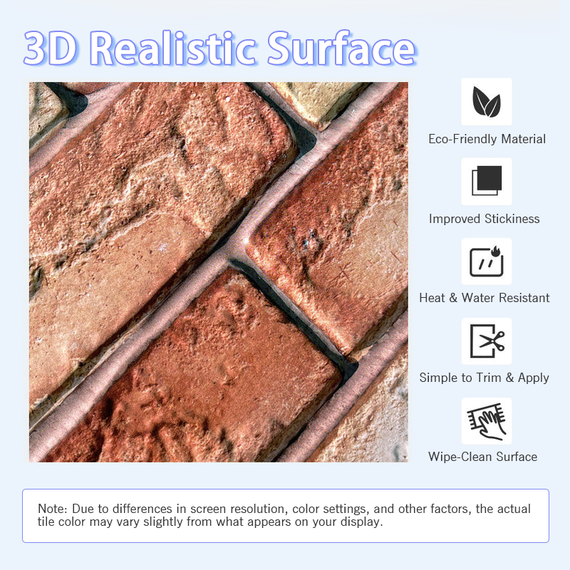 3D Red Brick Texture Peel and Stick Wall Tile