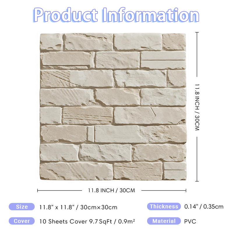 3D Embossed White Stone Peel and Stick Wall Tile