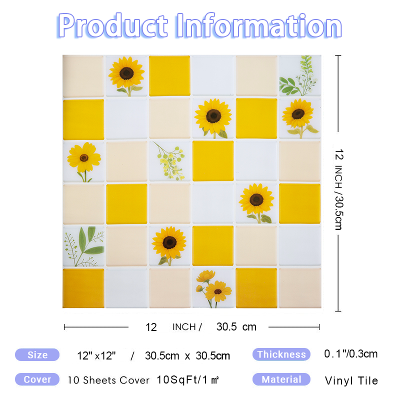 3D Bright Sunflower Mosaic Style Peel and Stick Wall Vinyl Tile