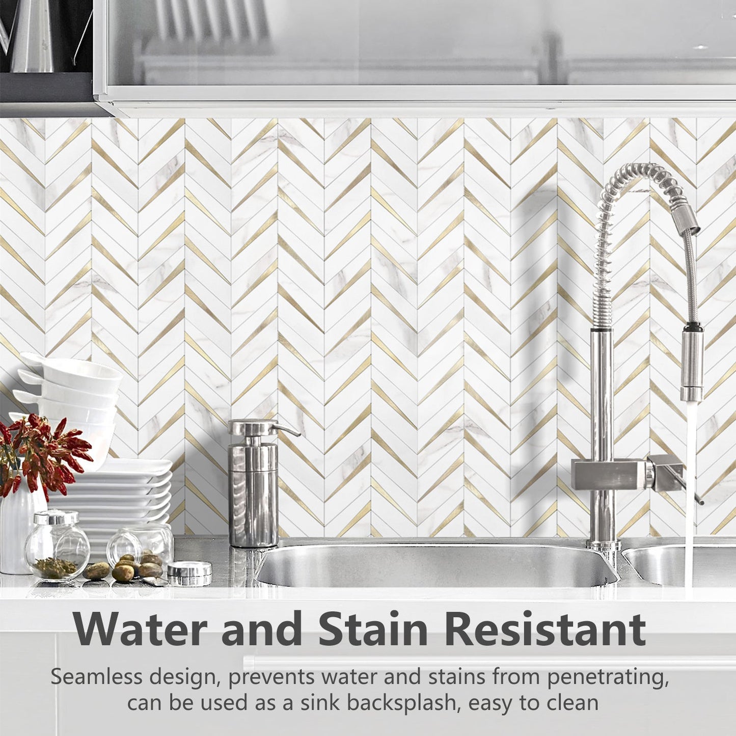Herringbone Wall Tiles - White Marble Mixed Gold