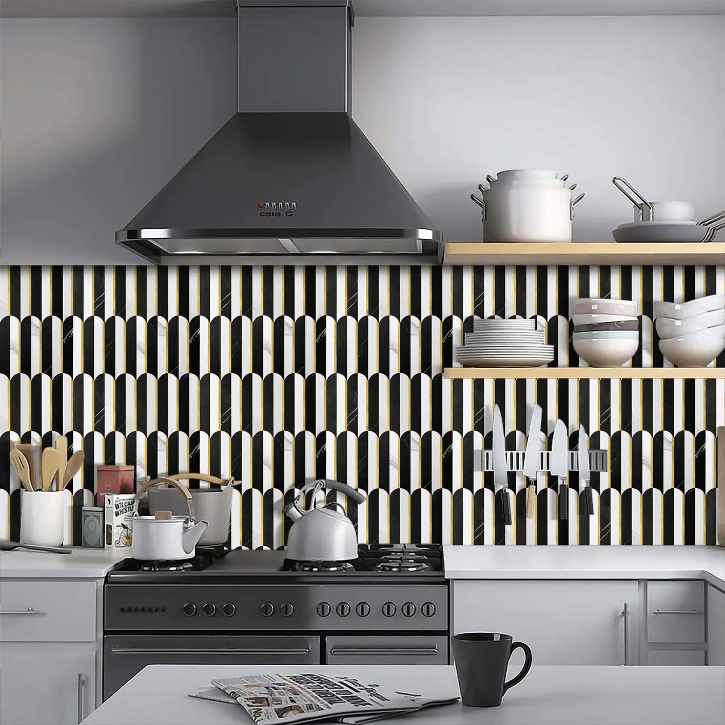 Oval PVC Mixed Metal Mosaic Tile - Black & White Marble With Gold