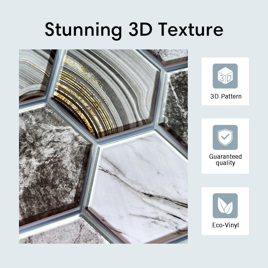 3D Black Marble Hexagon Peel and Stick Wall Tile