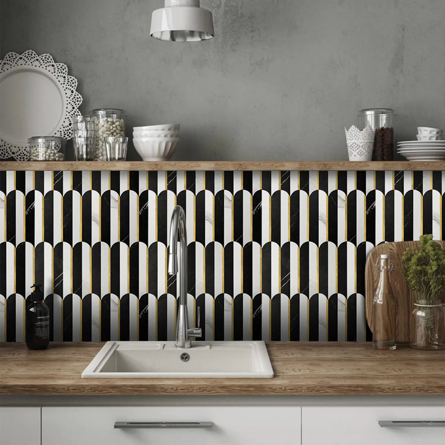 Oval PVC Mixed Metal Mosaic Tile - Black & White Marble With Gold