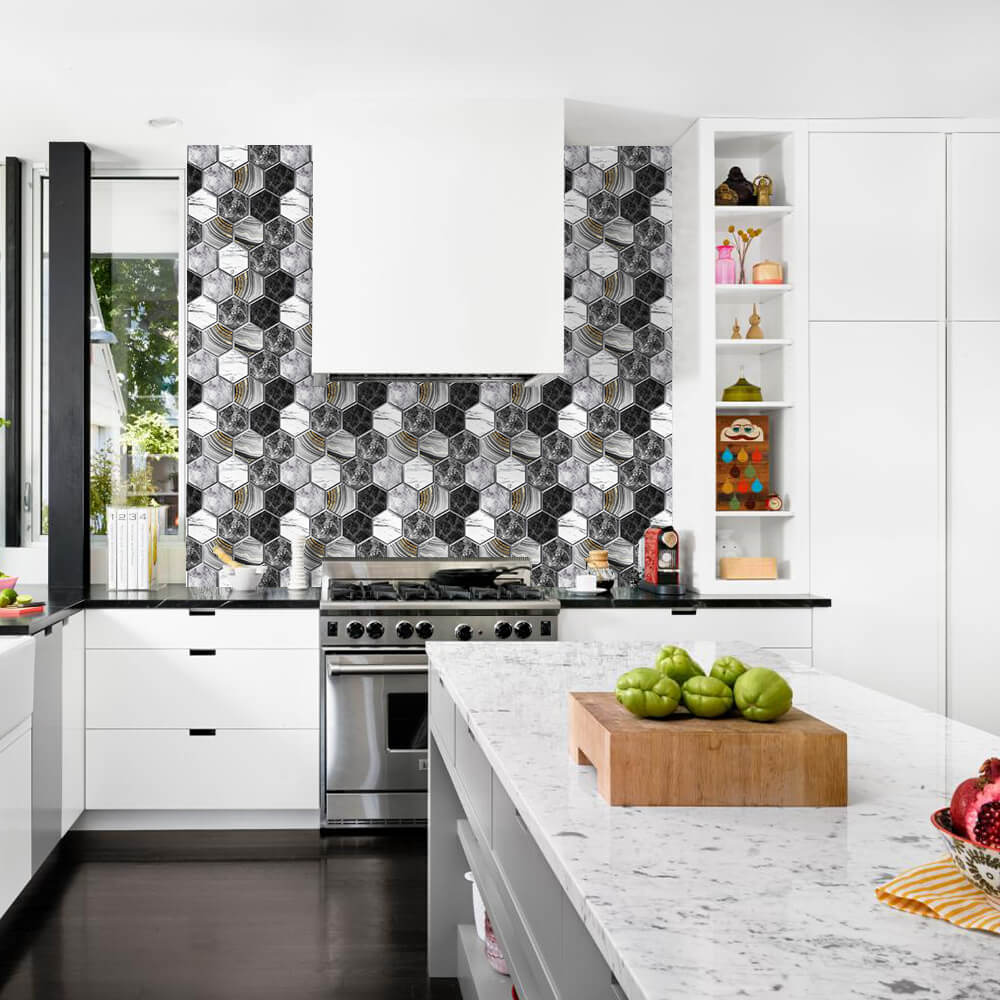 3D Black Marble Hexagon Peel and Stick Wall Tile