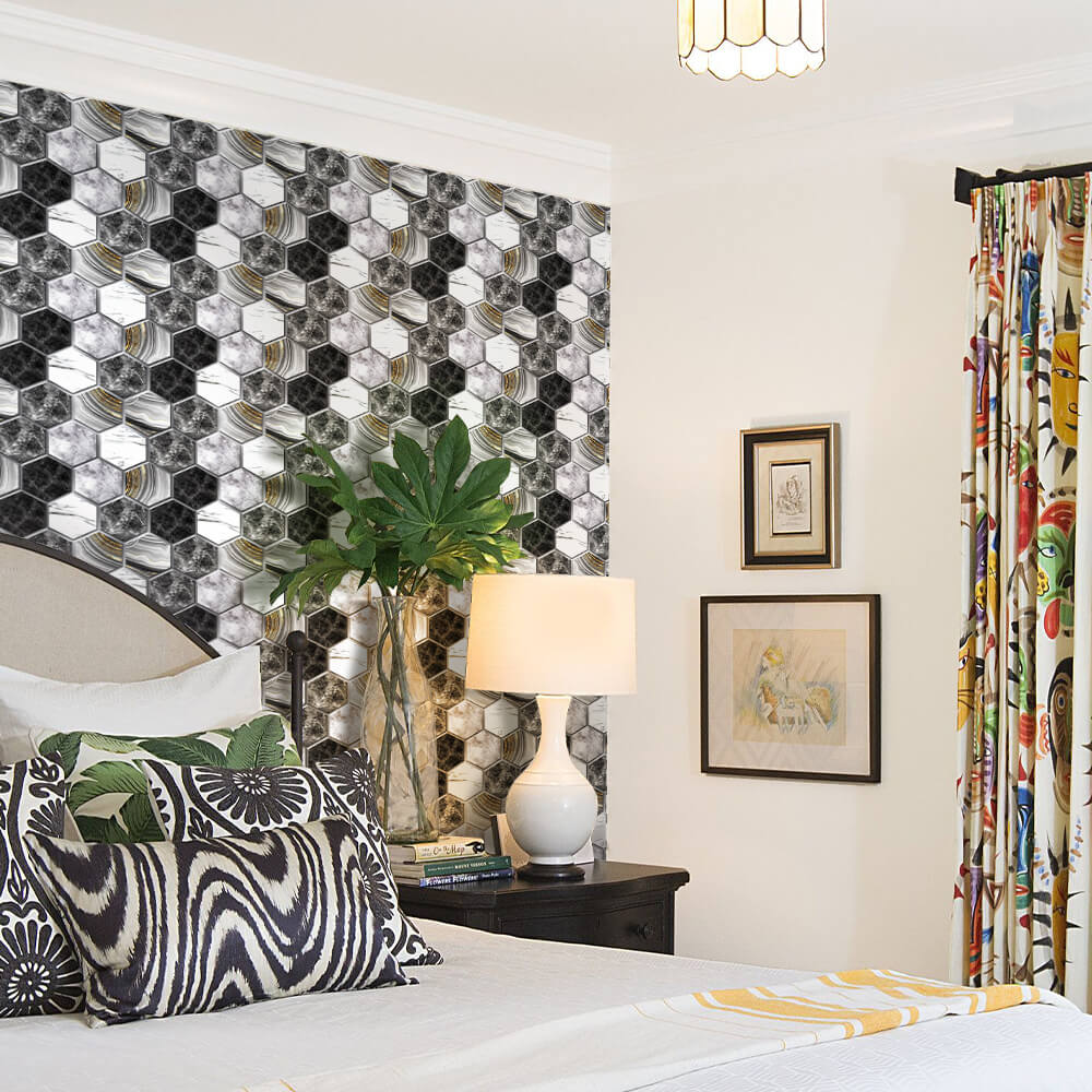 3D Black Marble Hexagon Peel and Stick Wall Tile
