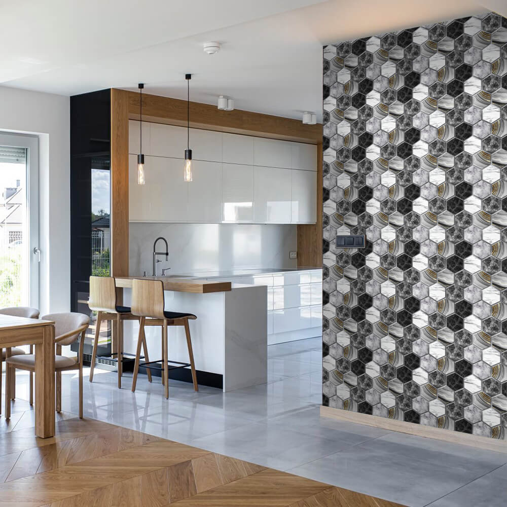 3D Black Marble Hexagon Peel and Stick Wall Tile