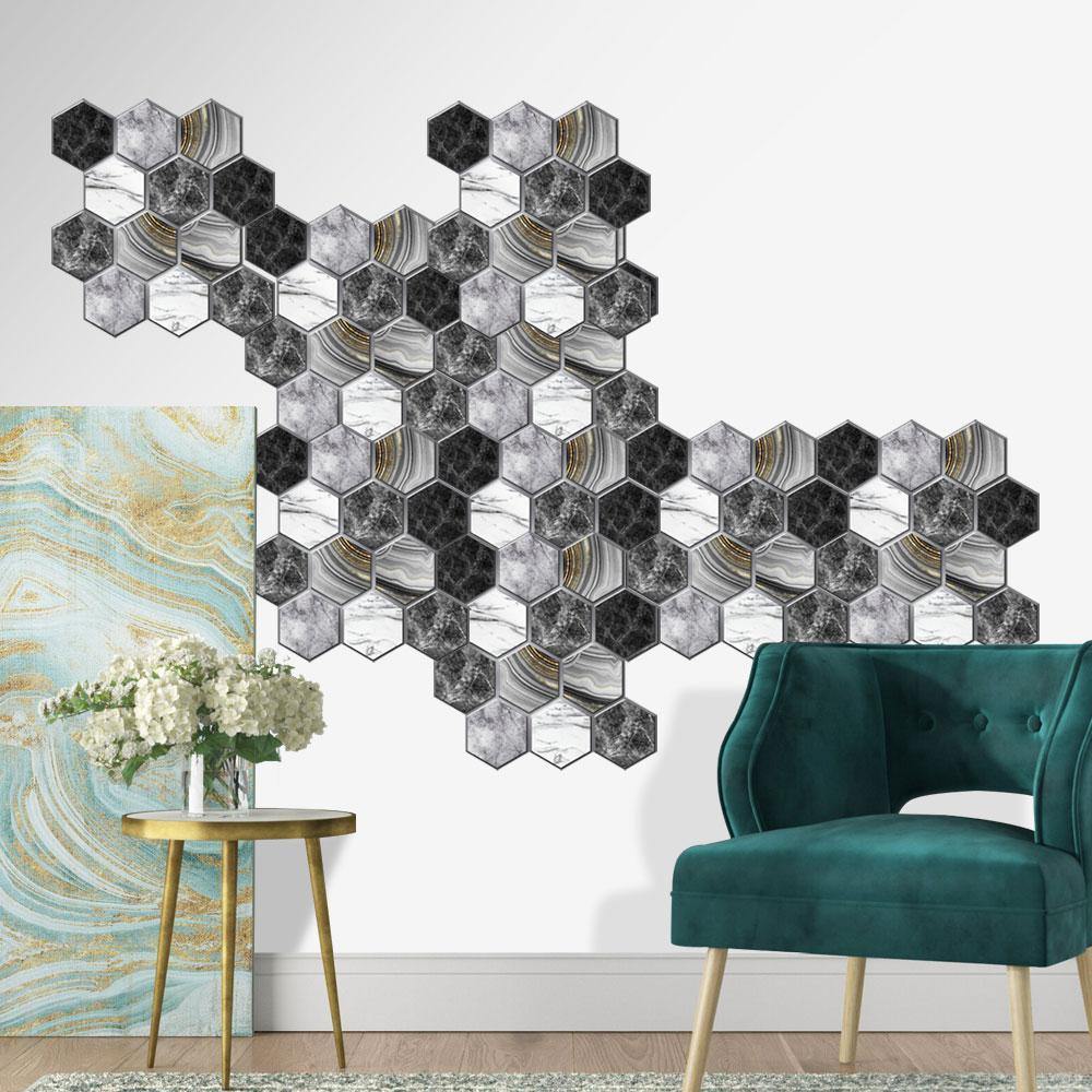 3D Black Marble Hexagon Peel and Stick Wall Tile