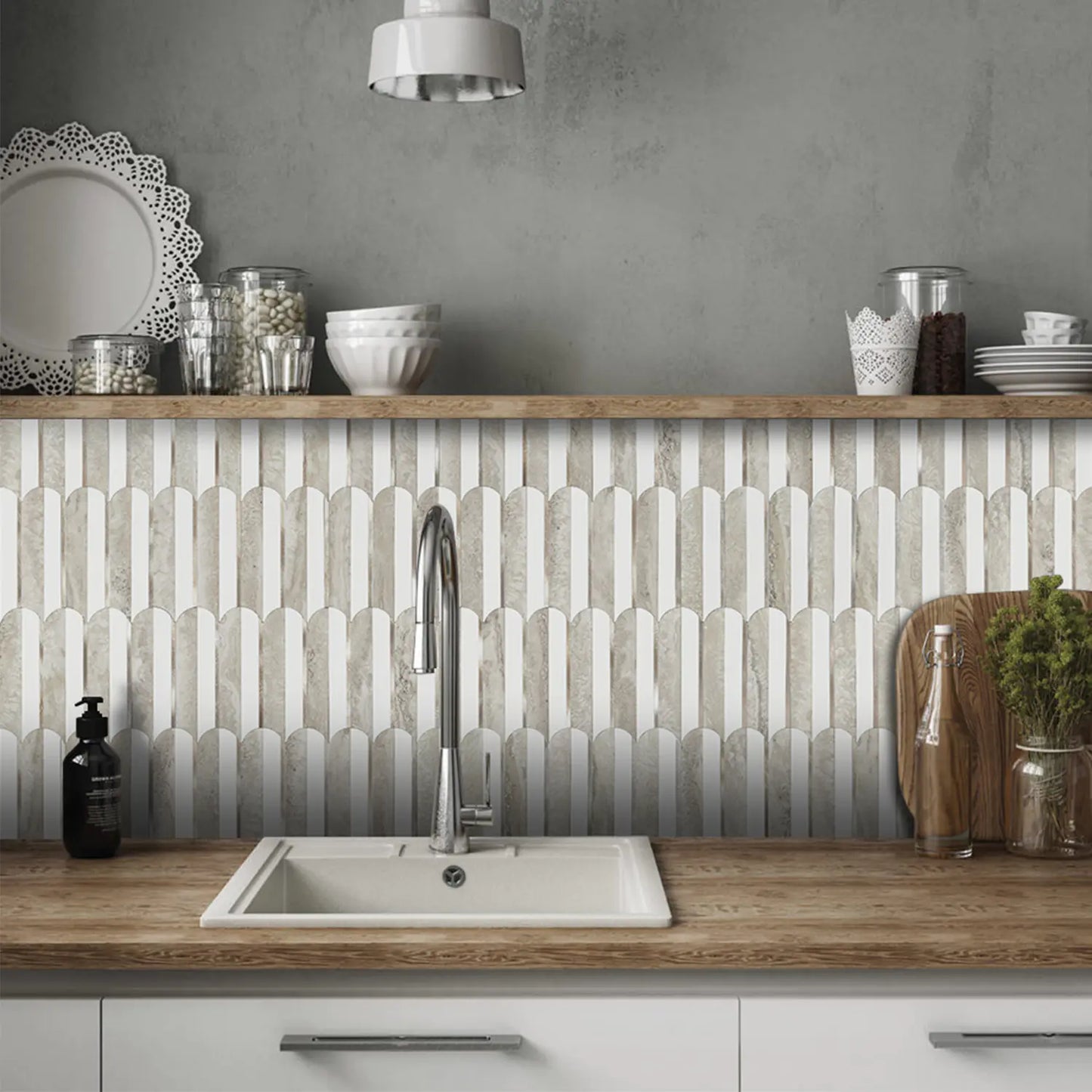 Oval PVC Mixed Metal Mosaic Tile - Beige Slate & White With Gold