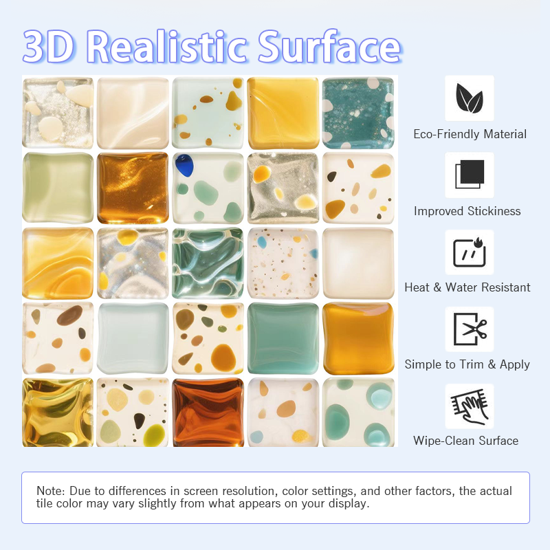 3D Colorful Mosaic Style Peel and Stick Wall Vinyl Tile