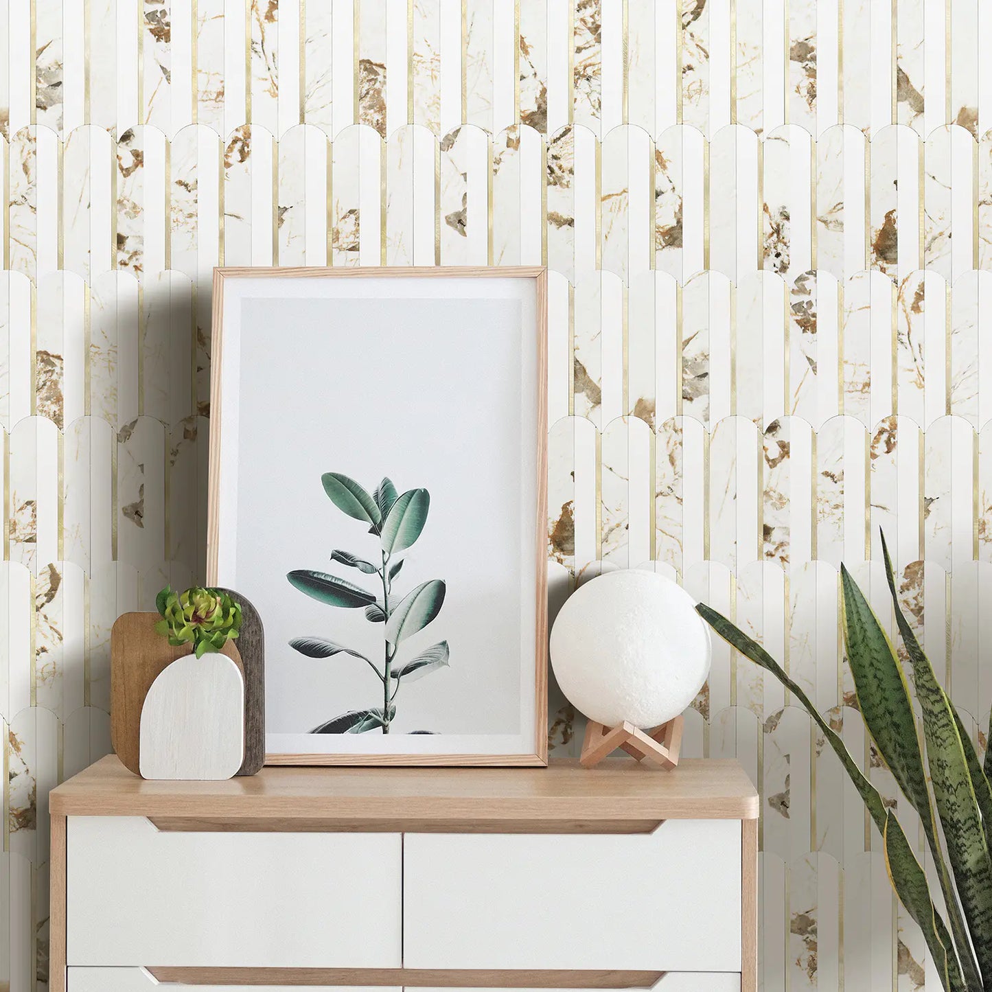 Oval PVC Mixed Metal Mosaic Tile - Marble Gold & White With Gold