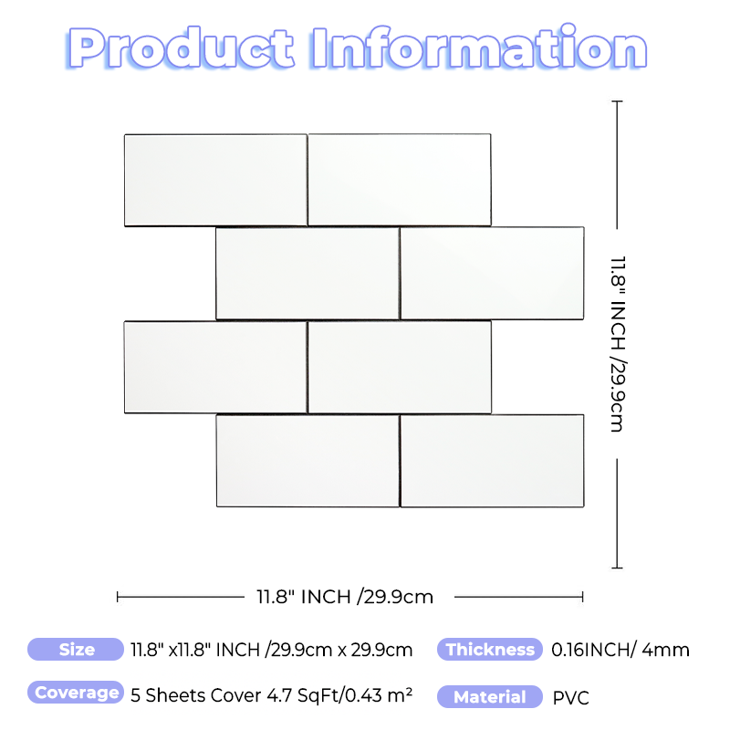 3''x6'' Subway Mosaic Tiles Sheeted - White With Gray Grout