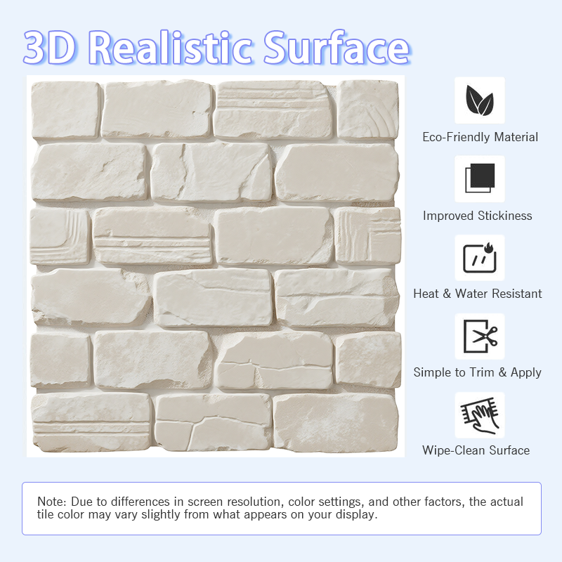 3D White Textured Stone Peel and Stick Wall Tile