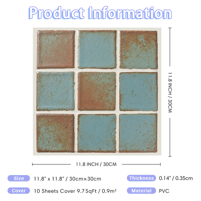 3D Vintage Blue Patina Tile Style Peel and Stick Wall Tile
