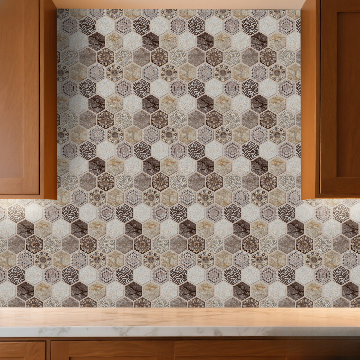 3D Brown Tone Hexagon Boho Peel and Stick Wall Tile