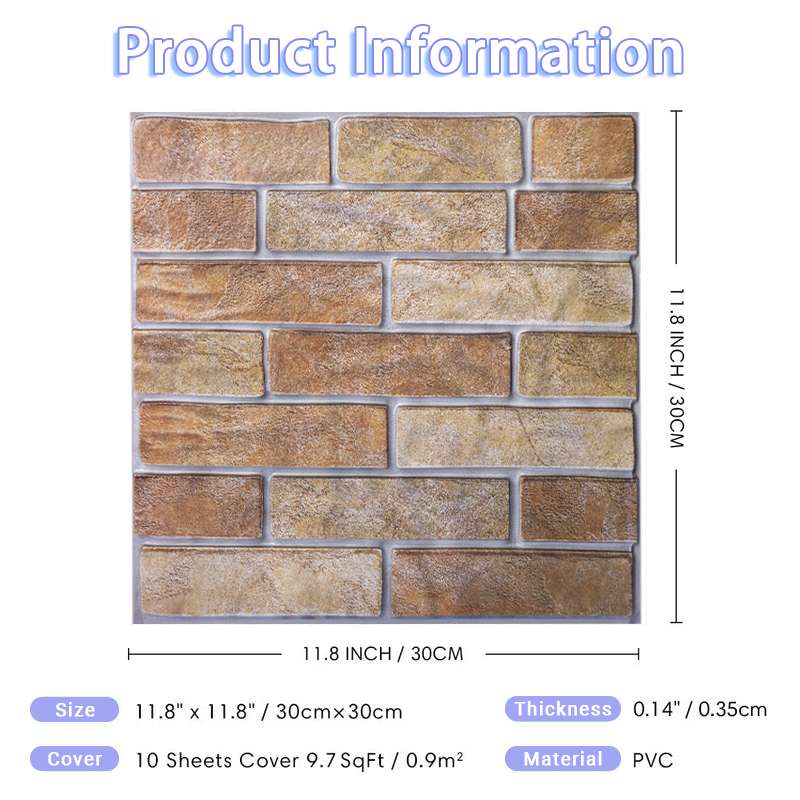 3D Red and Brown Brick Peel and Stick Wall Tile