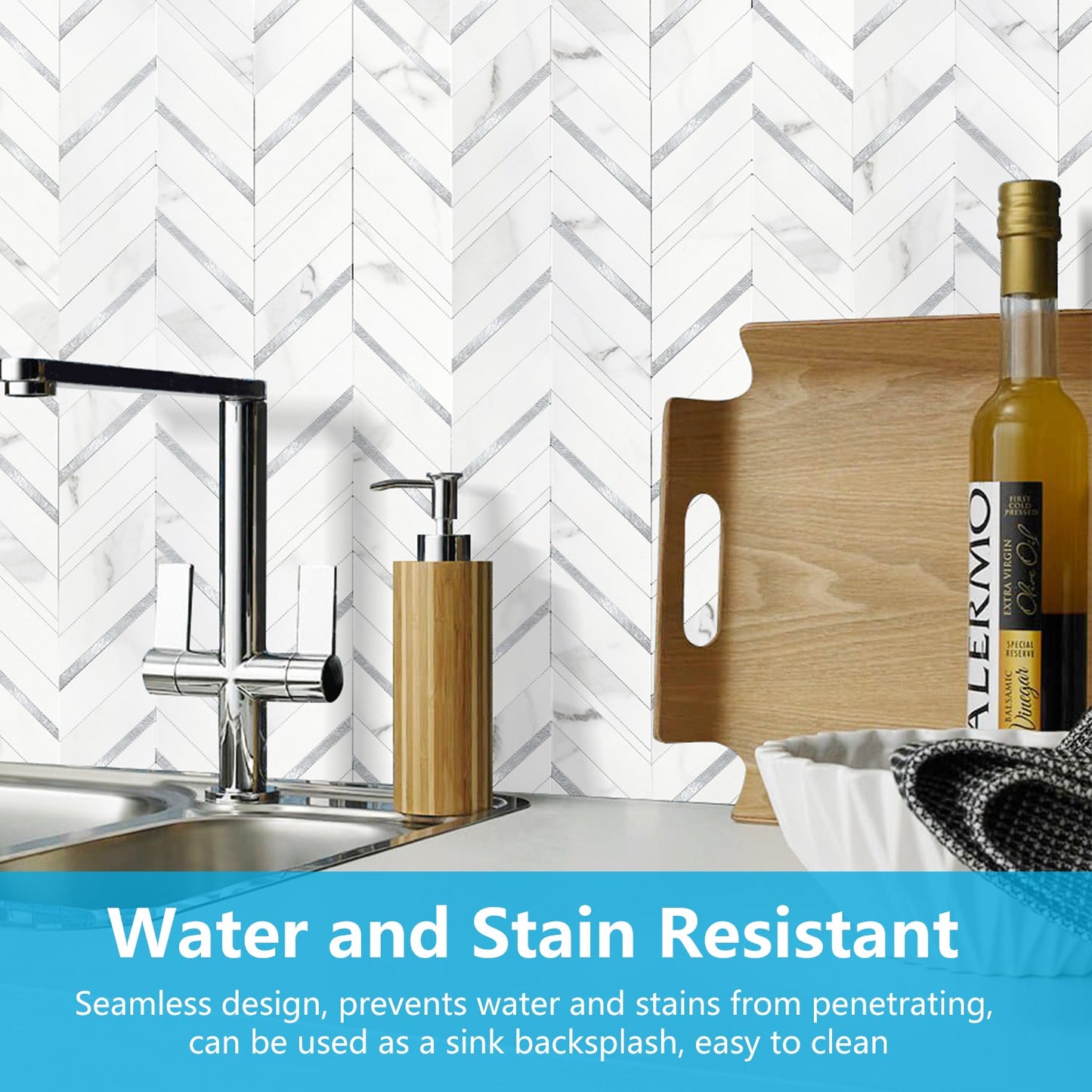 Herringbone Wall Tiles - White Marble Mixed Silver