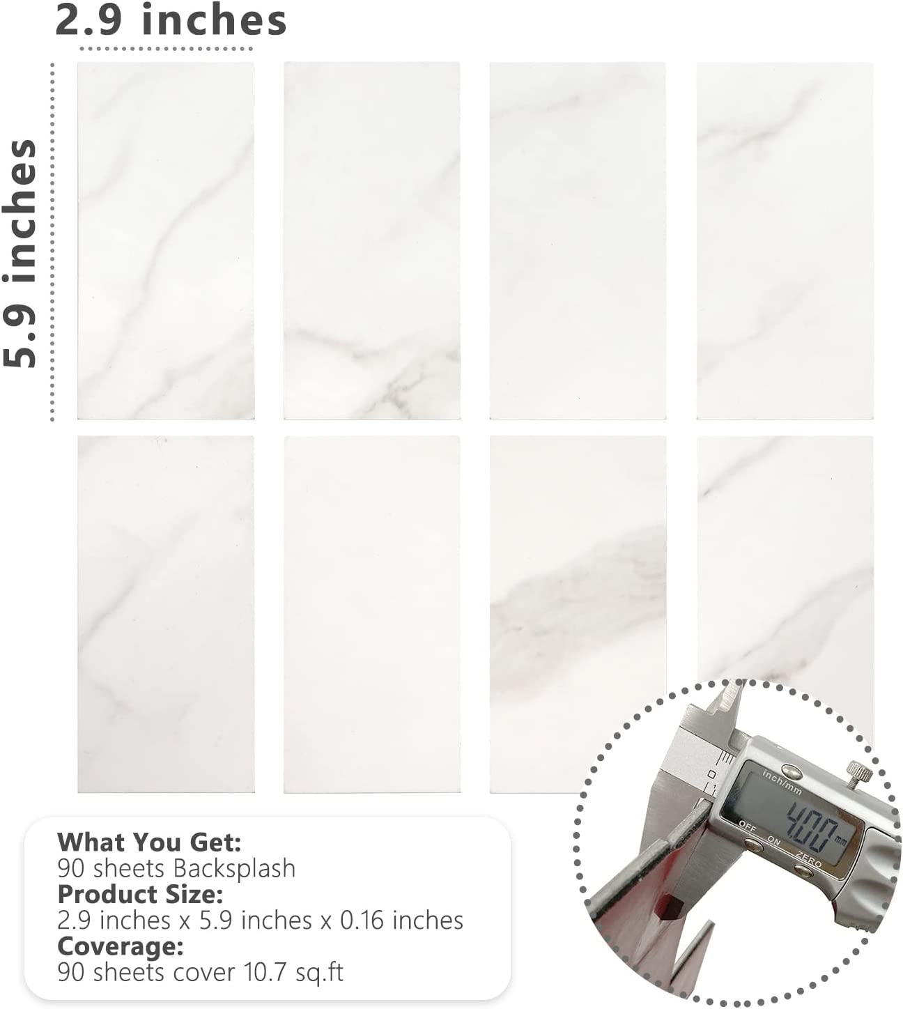 3''x6'' Subway Peel and Stick Tiles - Statuario White Marble