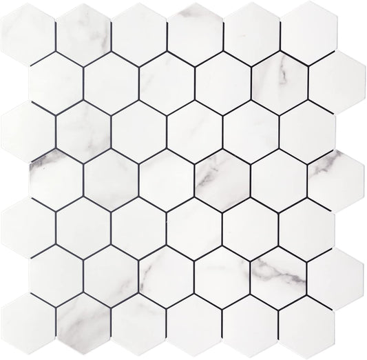 Hexagon PVC Mixed Metal Mosaic Tiles -  White Marble