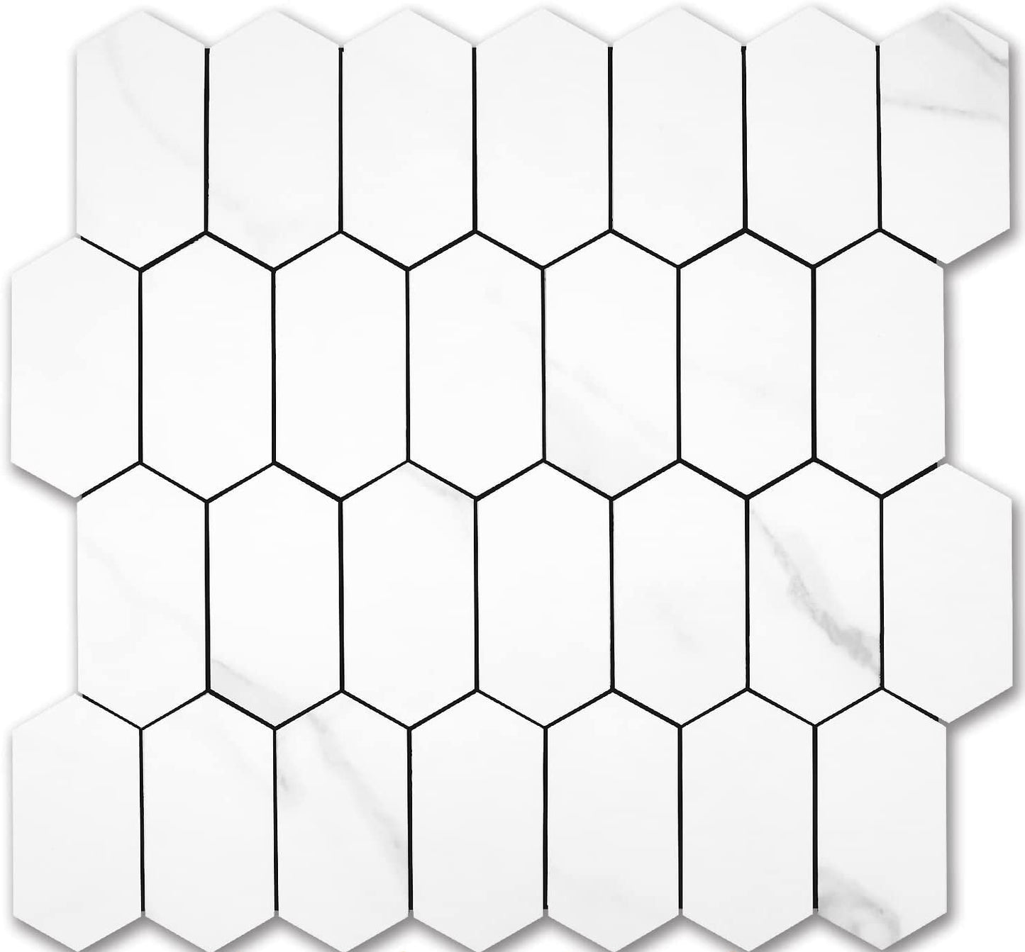 Long Hexagon PVC Mixed Metal Mosaic Tiles -  Statuary Marble Look